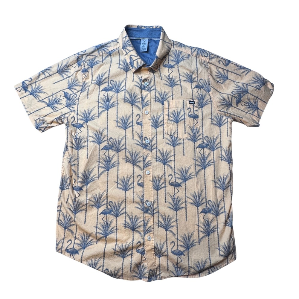 Hurley Button Down Mens Large Tan Blue Flamingo Palm Tree Tropical Shirt Stretch